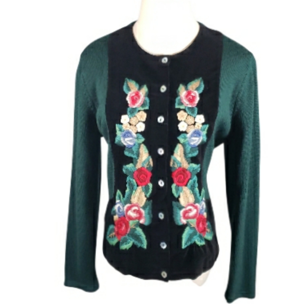 Vintage Susan Bristol 90s Hand Embroidered Wool Velvet Cardigan Sweater Granny M